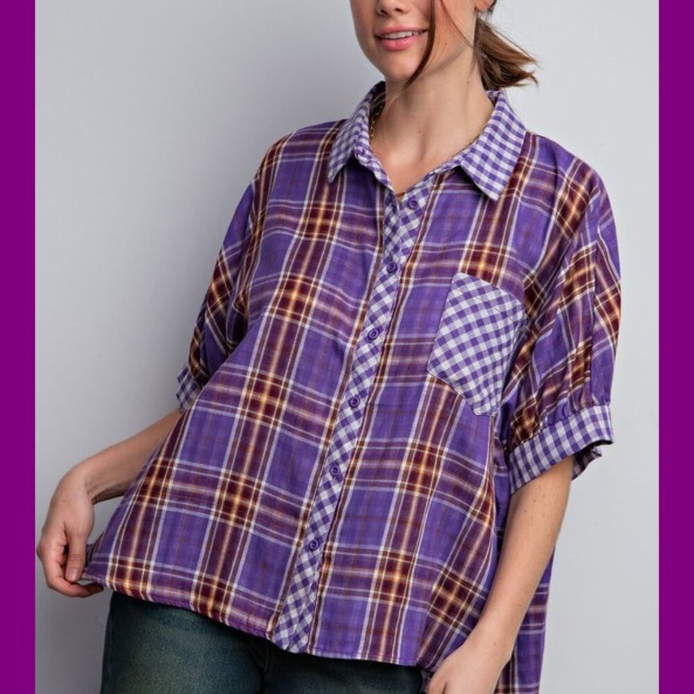 easel Purple Plaid Button-Up Tunic with Gingham Pocket
